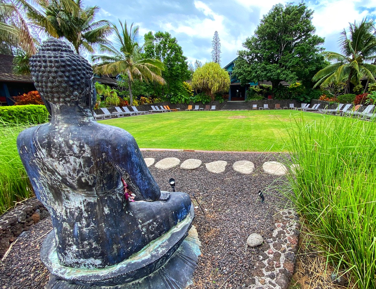 Bronze Buddha statue overlooking a tropical Maui garden and plantation cottage